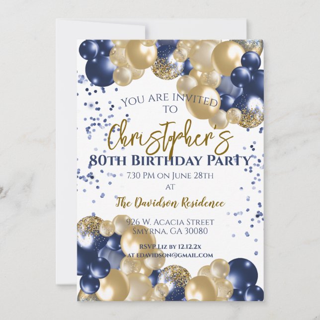 80th Birthday Party Navy Gold Balloons Invitation (Front)