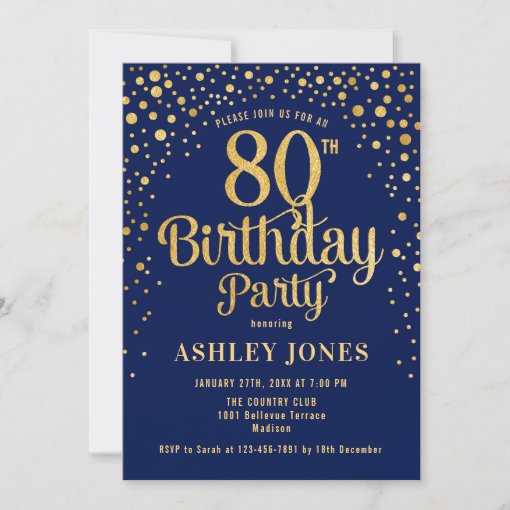 80th Birthday Party - Navy & Gold Invitation | Zazzle