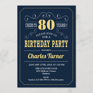 80th Birthday Party - Navy Gold Invitation