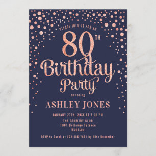 80th Birthday Party - Navy & Rose Gold Invitation