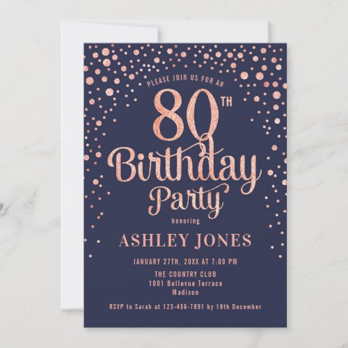 80th Birthday Party _ Navy  Rose Gold Invitation