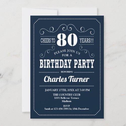 80th Birthday Party _ Navy White Invitation