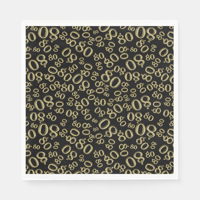 80th Birthday Party Number Pattern Black/Gold Napkins (Front)