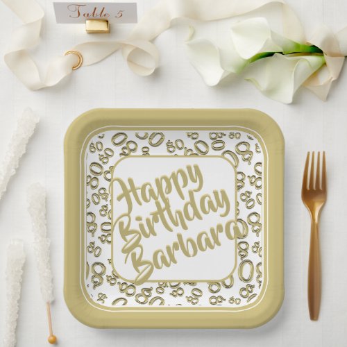 80th Birthday Party Number Pattern Gold White Paper Plates
