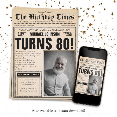 80th Birthday Party Old Newspaper Fun Custom Photo Invitation