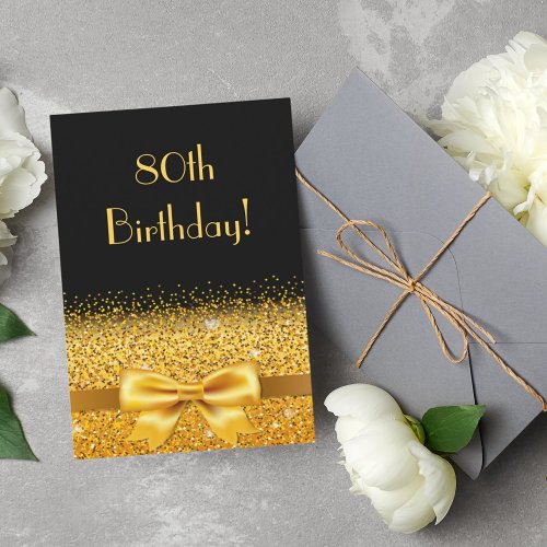 80th birthday party on black with gold bow sparkle invitation