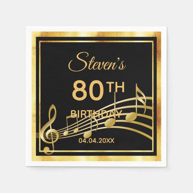 80th birthday party on classic black gold music napkins (Front)