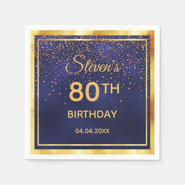 80th birthday party on midnight blue gold confetti napkins (Front)