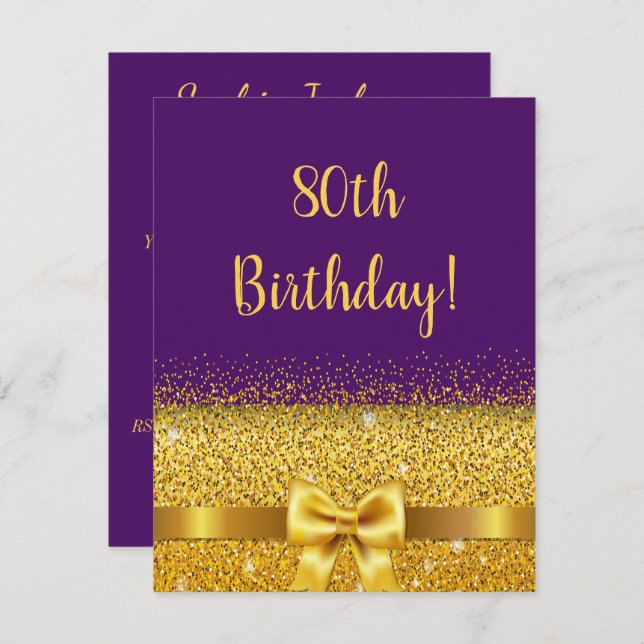 80th birthday party on purple gold bow sparkle invitation (Front/Back)