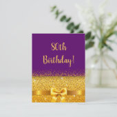 80th birthday party on purple gold bow sparkle invitation (Standing Front)