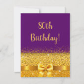80th birthday party on purple gold bow sparkle invitation (Front)