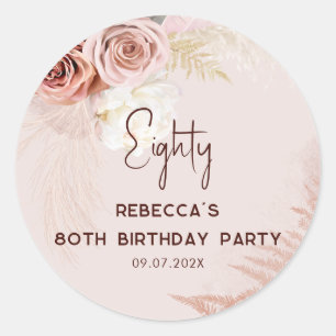 80th Birthday Party Pampas Grass Floral Classic Round Sticker