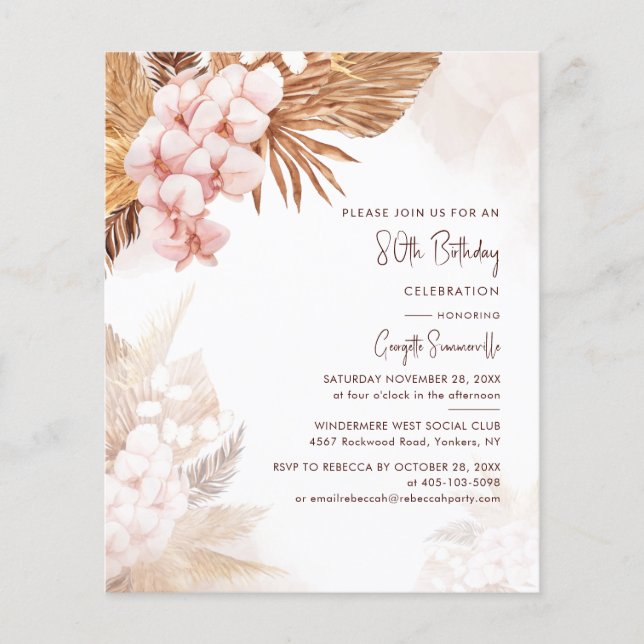 80th Birthday Party Pampas Grass Floral Invitation (Front)