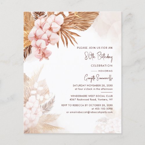 80th Birthday Party Pampas Grass Floral Invitation