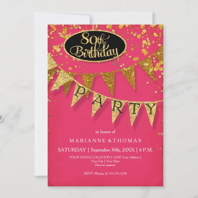80th Birthday Party Pennant Banner Confetti Invitation (Front)