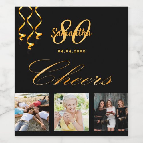 80th birthday party photo black gold cheers script wine label