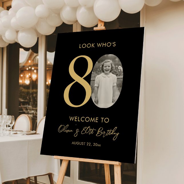 80th Birthday Party Photo Black & Gold Welcome Foam Board (Creator Uploaded)
