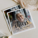 80th Birthday Party Photo Black Script Cheers Napkins<br><div class="desc">This custom 80th birthday napkin features the guest of honor's personalized photo,  name,  and birthday,  along with the word "Cheers" in elegant black calligraphy script. A white screen helps make the text pop. A great way to celebrate someone who's turning eighty!</div>