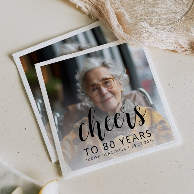 80th Birthday Party Photo Black Script Cheers Napkins (Creator Uploaded)