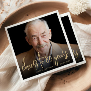 80th Birthday Party Photo Cheers Gold Script Napkins