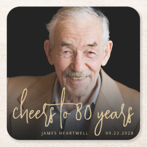 80th Birthday Party Photo Cheers Gold Script Square Paper Coaster