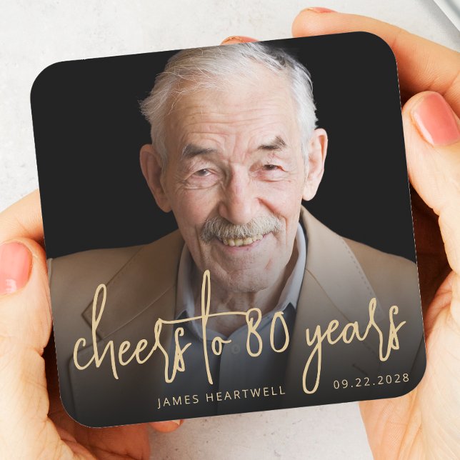 80th Birthday Party Photo Cheers Gold Script Square Paper Coaster (Creator Uploaded)