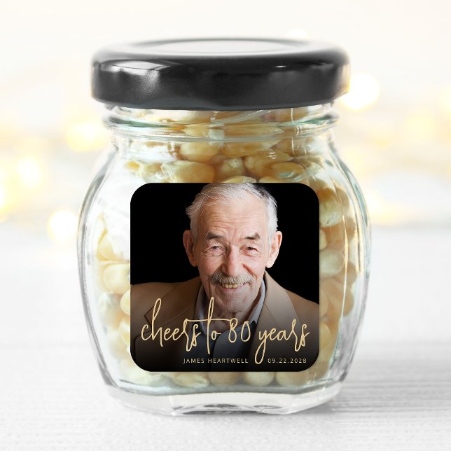 80th Birthday Party Photo Cheers Gold Script Square Sticker (Creator Uploaded)