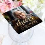 80th Birthday Party Photo Cheers Square Paper Coaster<br><div class="desc">This custom 80th birthday paper coaster features the guest of honor's personalized photo,  name,  and birthday,  along with the word "Cheers" in elegant gold-colored calligraphy script. A dark screen helps make the text pop. A great way to celebrate someone who's turning eighty!</div>