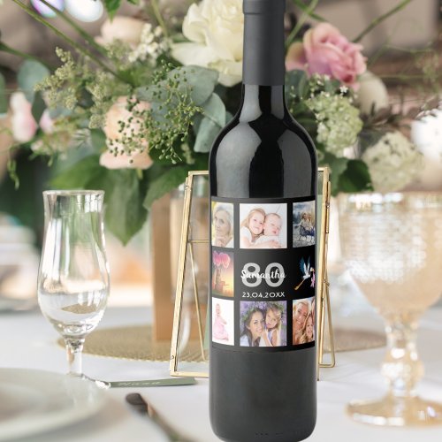 80th birthday party photo collage black wine label