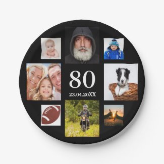 80th birthday party photo collage guy black paper plate