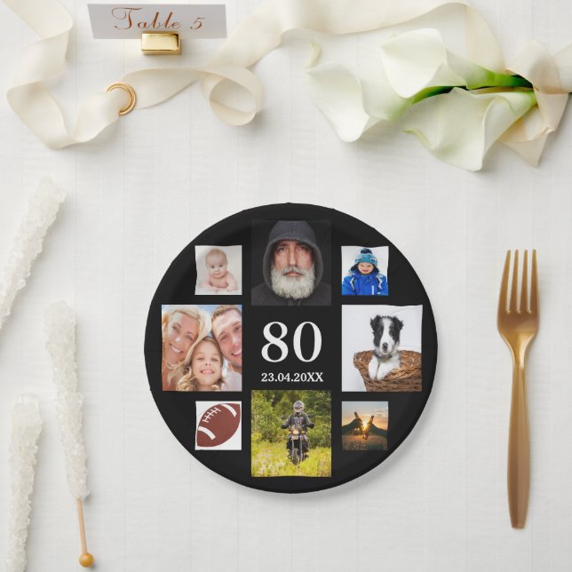 80th birthday party photo collage guy black paper plates (Wedding)