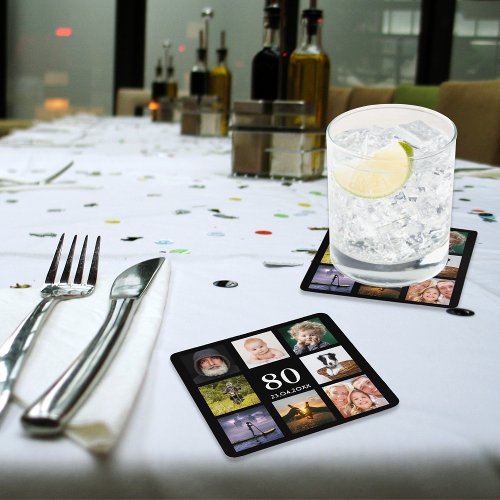 80th birthday party photo collage guy black square paper coaster