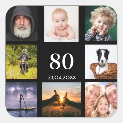 80th birthday party photo collage guy black square sticker