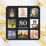 80th birthday party photo collage guy black square sticker<br><div class="desc">A sticker for a 80th birthday party for a guy,  celebrating his life with a collage of 8 of your own photos.  Templates for the age 80 and a date.  Date of birth or the date of the party.  White colored letters.  Black background.</div>