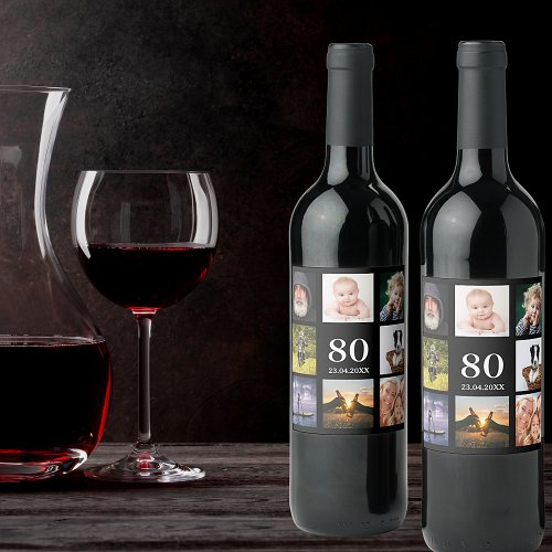 80th birthday party photo collage guy black wine label