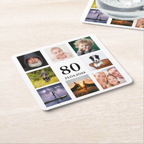 80th birthday party photo collage guy square paper coaster