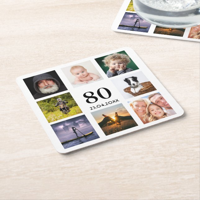 80th birthday party photo collage guy square paper coaster (Angled)