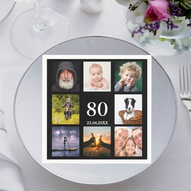 80th birthday party photo collage guys black napkins (Creator Uploaded)