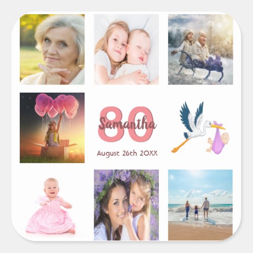 80th birthday party photo collage name square sticker
