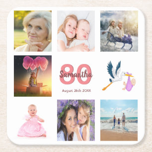 80th birthday party photo collage square paper coaster