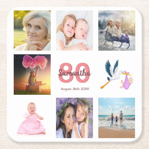 80th birthday party photo collage square paper coaster