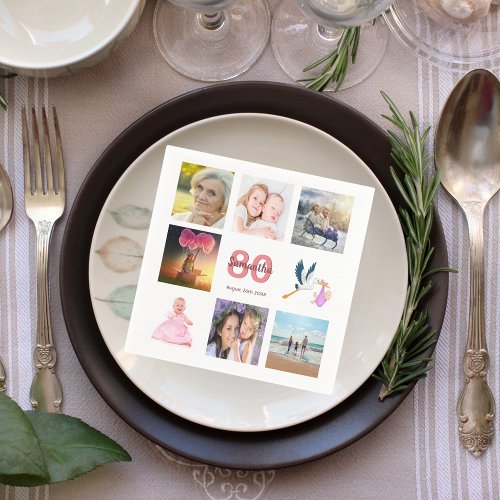80th birthday party photo collage white pink name napkins