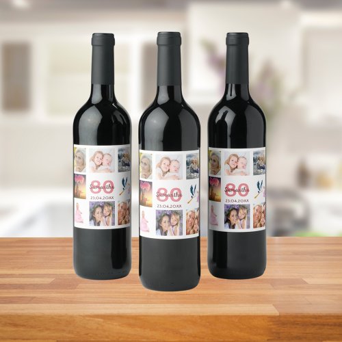 80th birthday party photo collage wine label