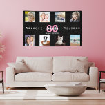 80th birthday party photo collage woman black banner<br><div class="desc">Welcome to a 80th birthday party for a woman,  celebrating her life with a collage of 8 of your own photos.  Photo of family,  friends,  pets,  vacations. Templates for a name,  age 80 and a date. With the text: Welcome (x2)  White and pink colored letters.  Elegant black background.</div>