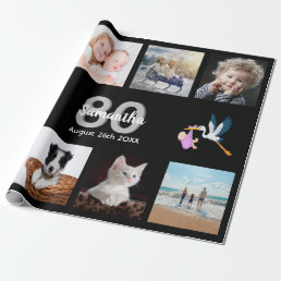 80th birthday party photo collage woman black wrapping paper