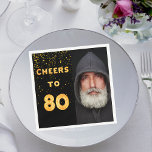 80th birthday party photo gold balloons black napkins<br><div class="desc">A napkin for guys 80th birthday party. Template for your photo. Black background and the tex: Cheers to 80.  The text is written with a trendy faux gold balloon script. With golden confetti as decor.</div>