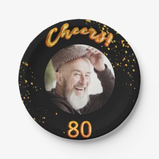 80th birthday party photo gold balloons black paper plate