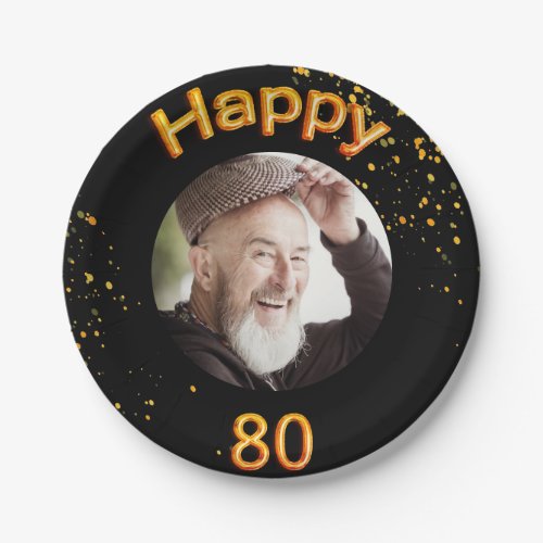 80th birthday party photo gold balloons black paper plates