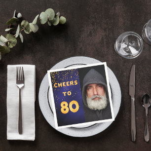 80th birthday party photo gold balloons blue napkins