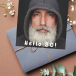 80th birthday party photo hello 80 guy white invitation<br><div class="desc">Template for your own photo. On front:  White text overlay: Hello 80!  The text is written with a modern hand lettered style script.
Back: white background and black colored letters.  Templates for a name and party details.</div>